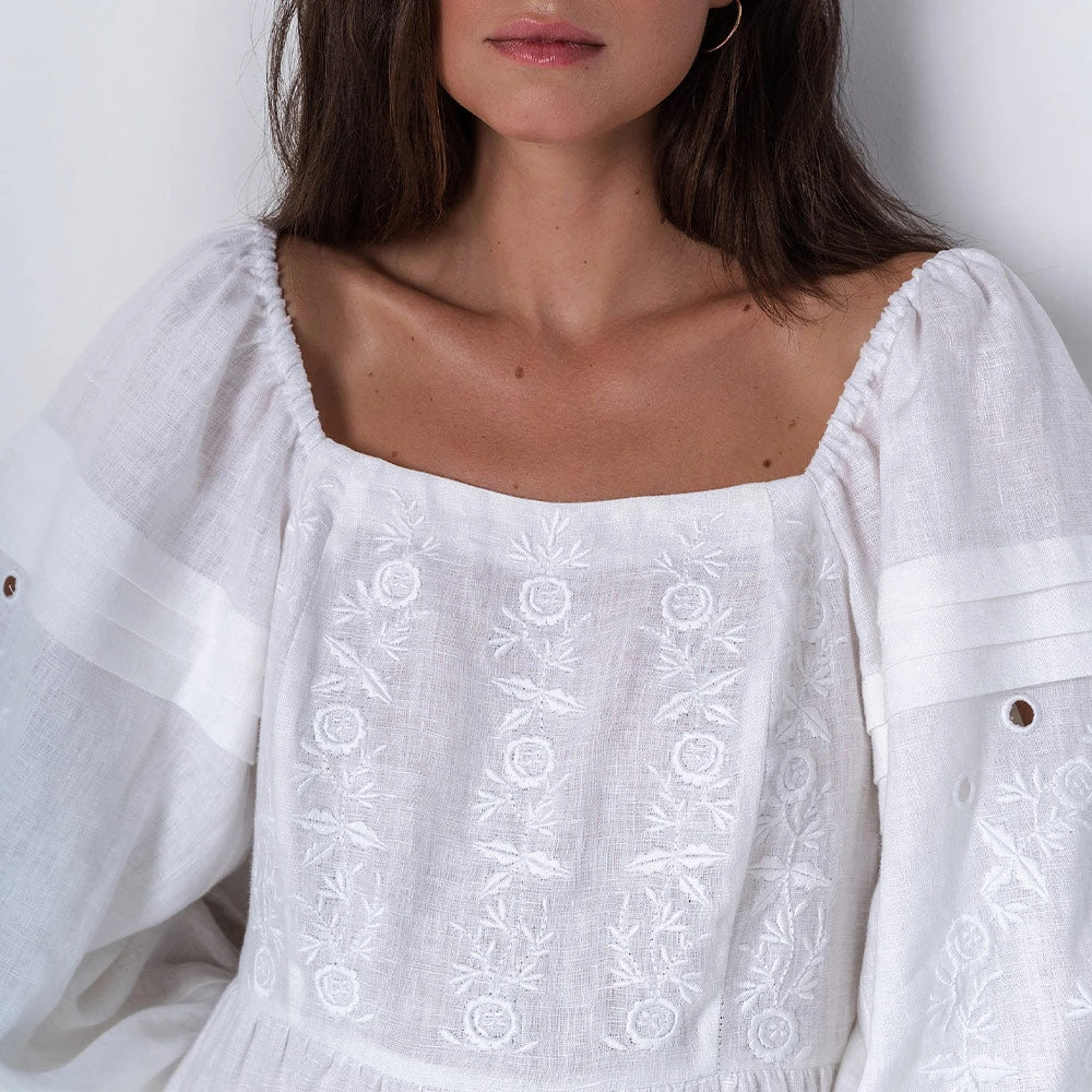 Etnodim - Robe Brodée En Lin - Blanc 4 Etnodim - Robe Brodée En Lin - Blanc – Image 2