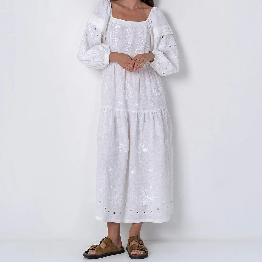 Etnodim - Robe Brodée En Lin - Blanc 8 Etnodim - Robe Brodée En Lin - Blanc – Image 6