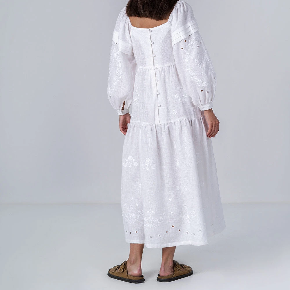 Etnodim - Robe Brodée En Lin - Blanc 5 Etnodim - Robe Brodée En Lin - Blanc – Image 3