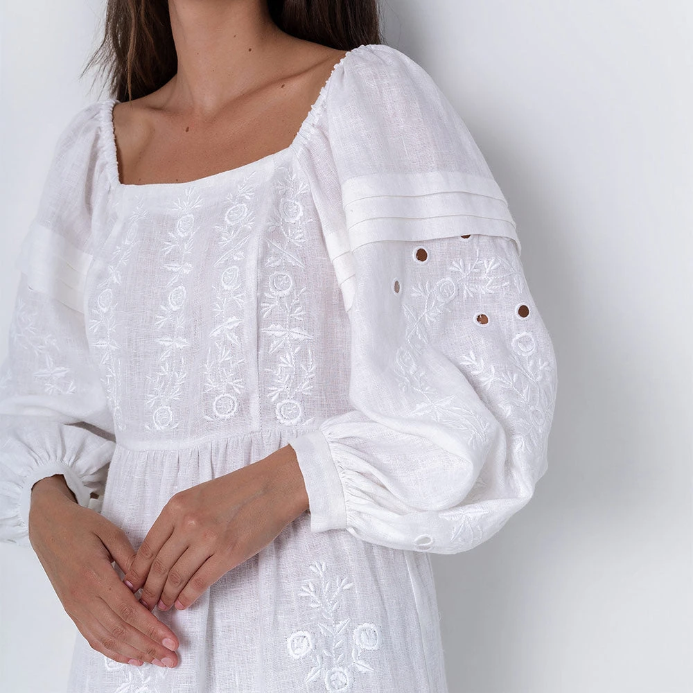 Etnodim - Robe Brodée En Lin - Blanc 6 Etnodim - Robe Brodée En Lin - Blanc – Image 4