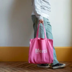 Merci - Tote Bag En Coton - Rose & Écru