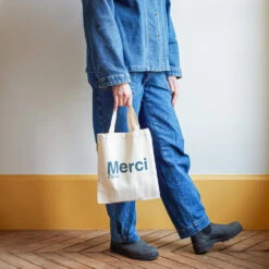 Merci - Tote Bag En Coton - Écru & Bleu Vert -Mode Vêtements Magasin mini tote blc
