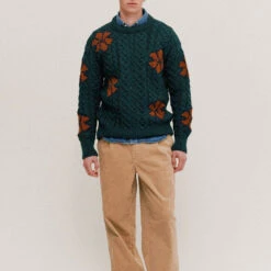 Howlin' - Pull Cabled Flowers - Vert -Mode Vêtements Magasin pull f4