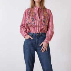 V De Vinster - Blouse Rayée à Fleurs Billie - Rose