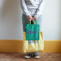 Merci - Tote Bag En Coton - Vert & Violet -Mode Vêtements Magasin vert et jaune